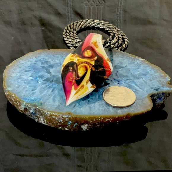 Vtg(1970)Silver&Black Necklace With Murano Glass Heart Shaped Pendant - Picture 6 of 6